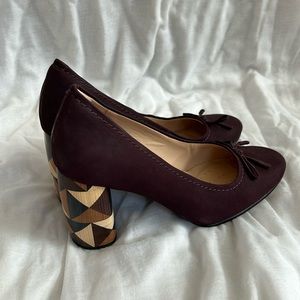 Clarks purple suede pumps with geometric wood heels